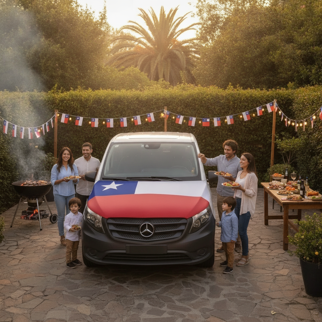 Funda cubre capot bandera Chile instalada en furgón Mercedes calle empedrada chilena