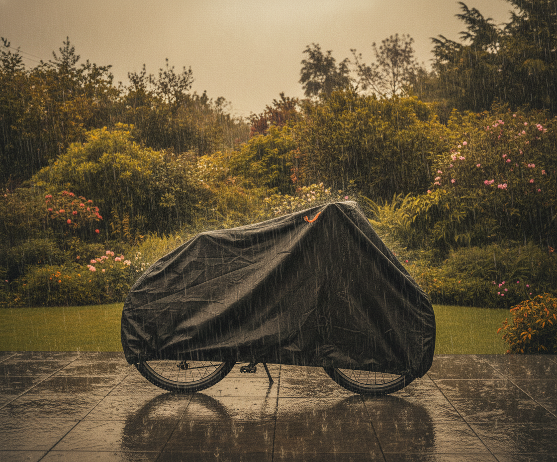 Carpa cobertor bicicleta impermeable en terraza jardín chileno día lluvioso
