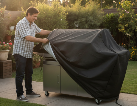 Funda parrilla impermeable protegiendo asador en quincho chileno exterior