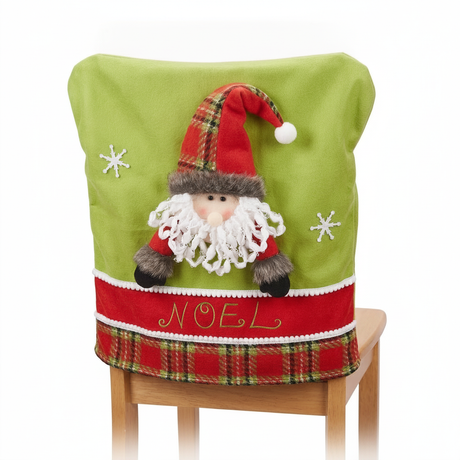 Funda silla navidad Papa Noel verde roja 3D vista frontal sobre silla madera