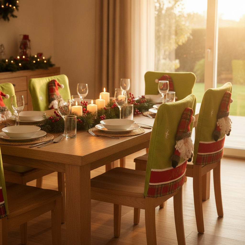 Funda cubre silla navidena Papa Noel comedor decorado hogar chileno