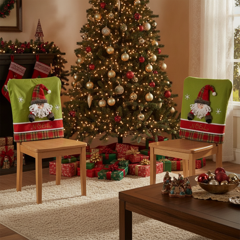 Cubre silla navidad Papa Noel verde rojo junto a arbol de navidad living