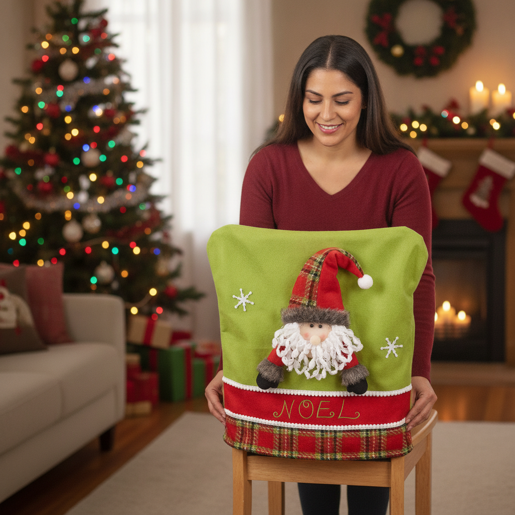 Mujer colocando funda silla navidad Papa Noel en silla de comedor