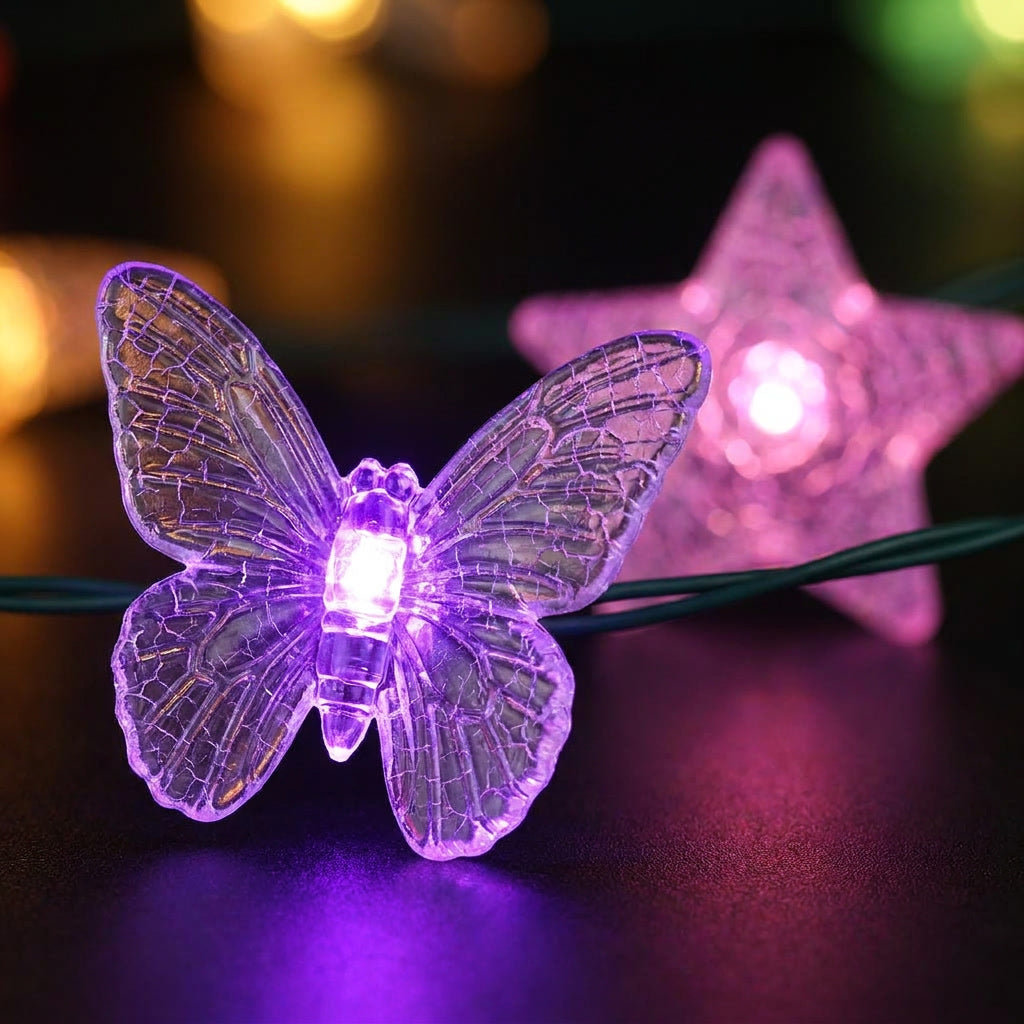 Luces Navidad Solar 20 LED Mariposas Estrellas Multicolor 4m