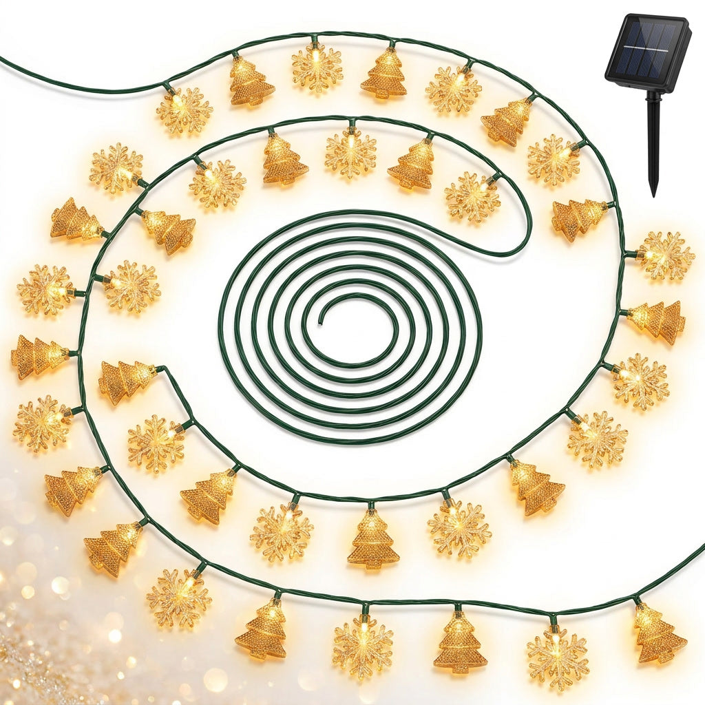 Guirnalda Solar Navidad Cálida 7.5m 20 Led Copos Arbolitos