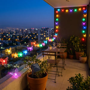 Luces Navidad Solar 20 LED Mariposas Estrellas Multicolor 4m