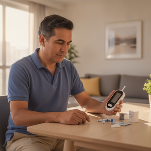 Hombre midiendo glucosa en sangre con glucómetro digital mmol sala