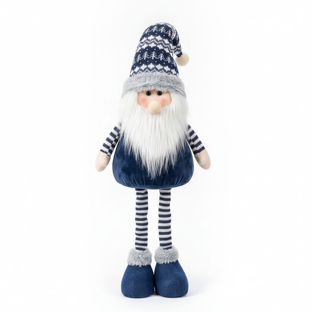 Gnomo navideño azul patas extensibles 65cm barba blanca gorro nórdico vista frontal