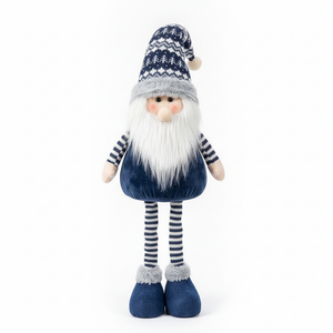 Gnomo navideño azul patas extensibles 65cm barba blanca gorro nórdico vista frontal