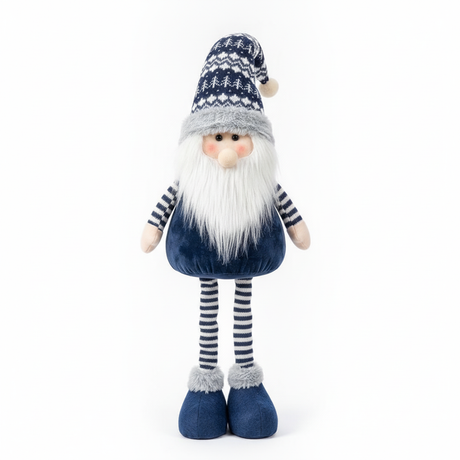 Gnomo navideño azul patas extensibles 65cm barba blanca gorro nórdico vista frontal