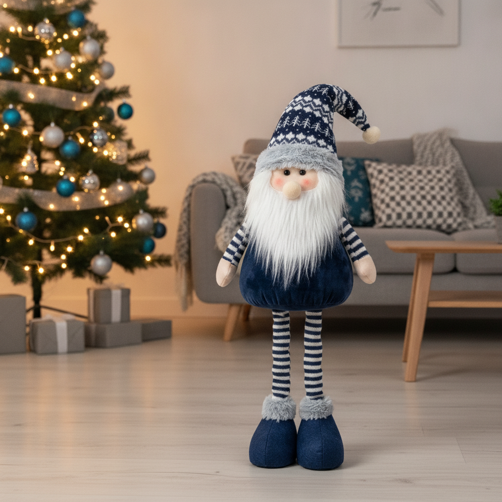 Gnomo nórdico azul decorando living chileno árbol de navidad azul y plata
