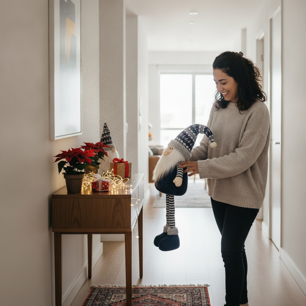 Mujer chilena ajustando piernas extensibles gnomo navideño azul entrada apartamento