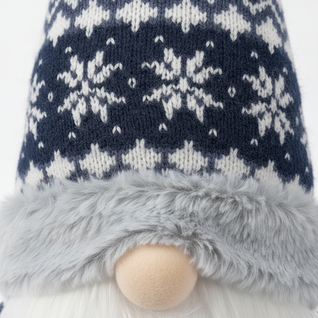 Detalle textura gorro de punto nórdico copos nieve piel sintética gris pompón