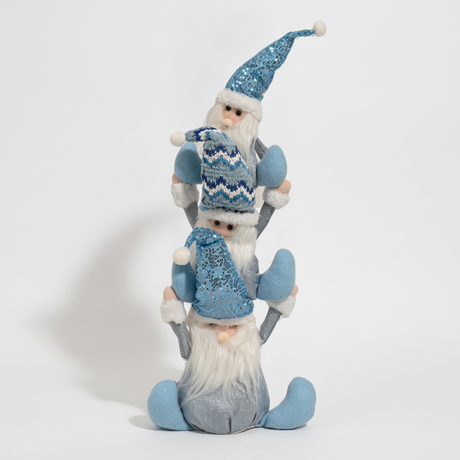 Torre 3 gnomos navideños 60cm azul plata peluche vista frontal completa
