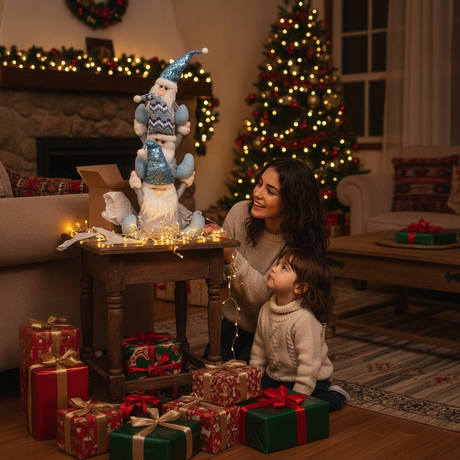 Torre gnomos navideños azul decorando living chileno en Navidad regalo