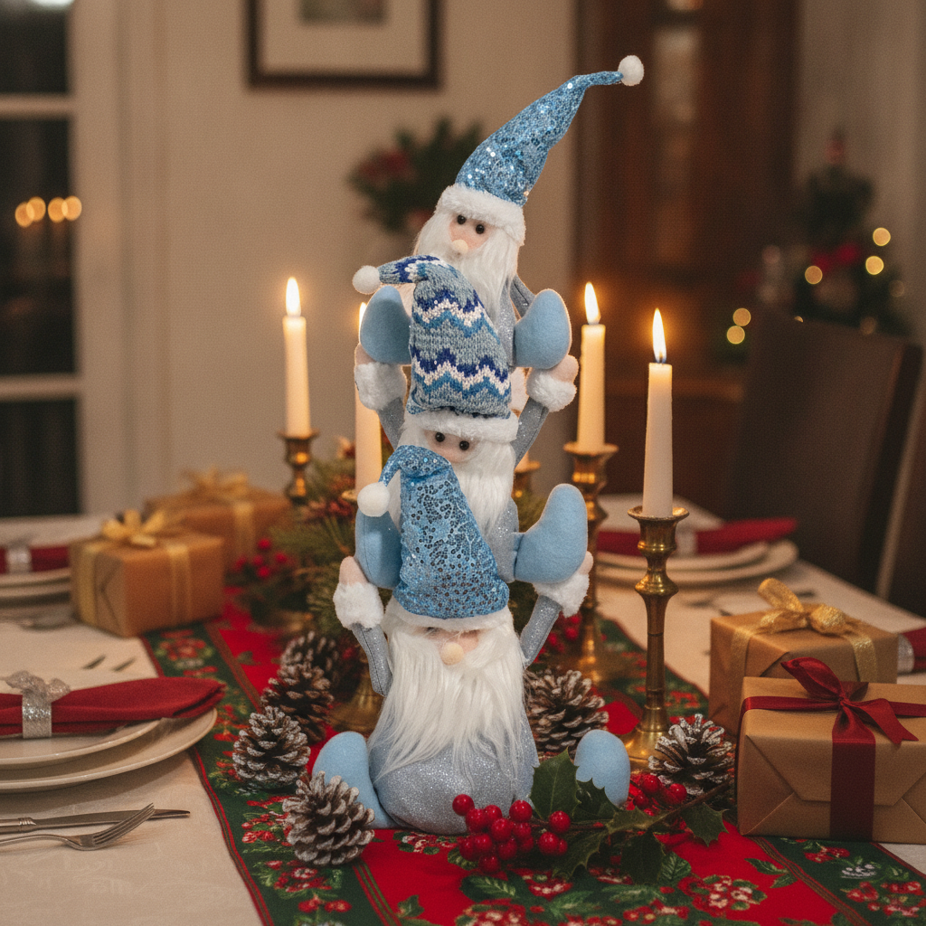 Torre gnomos azul plata centro mesa navideña hogar chileno detalle festivo