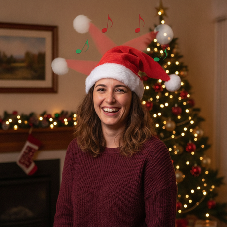 Mujer usando gorro navideño musical movimiento salon decorado arbol Navidad