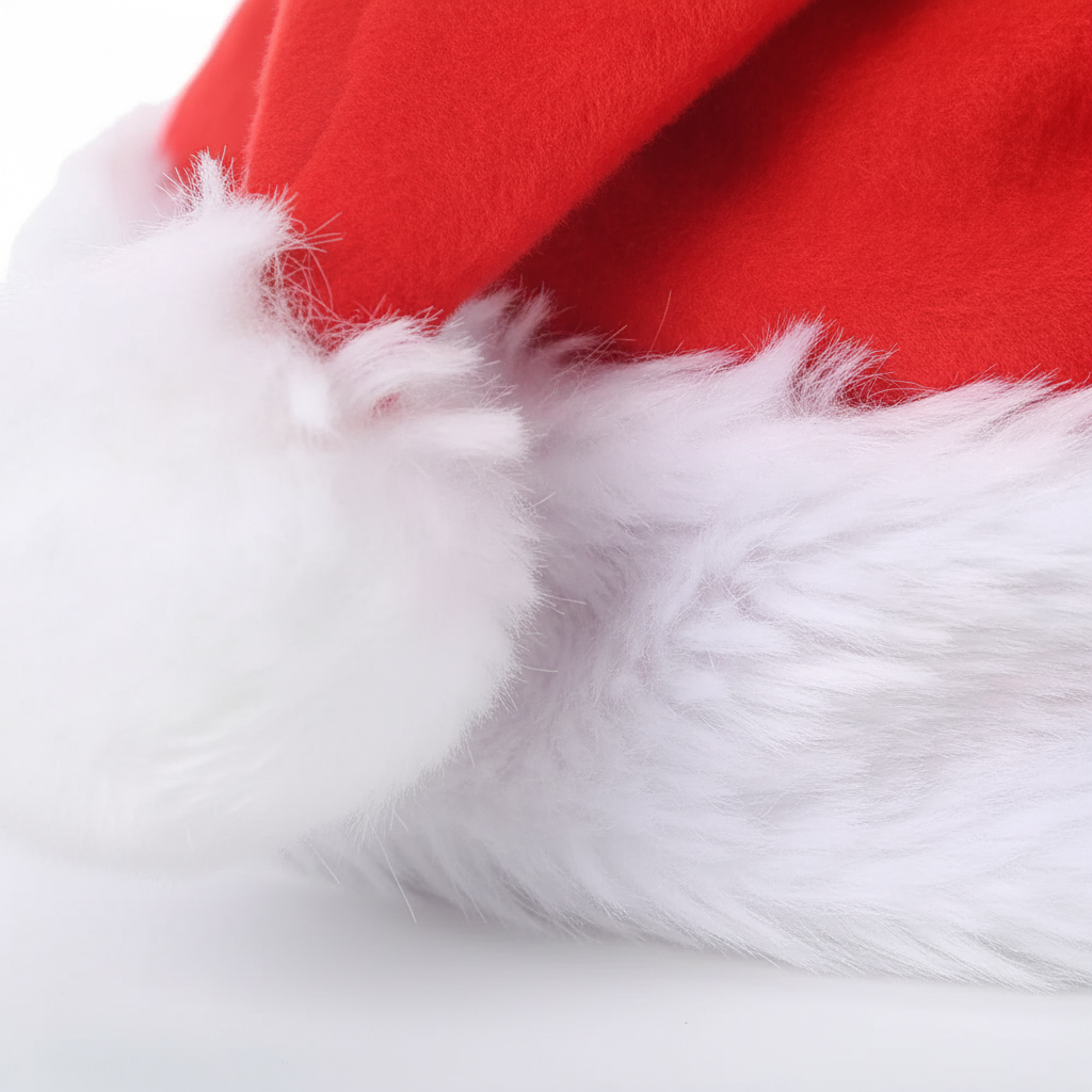 Detalle textura poliester gorro navideño musical pompon blanco esponjoso