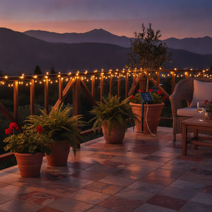 Guirnalda solar exterior terraza chilena luz calida atardecer