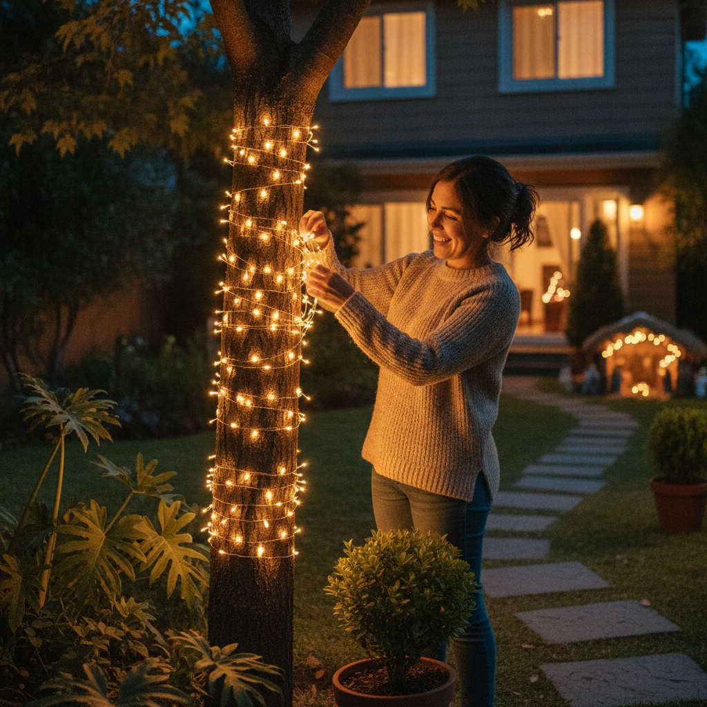 Mujer decorando jardin navidad con luces hada solar cobre
