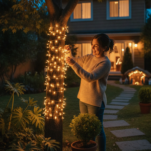 Mujer decorando jardin navidad con luces hada solar cobre