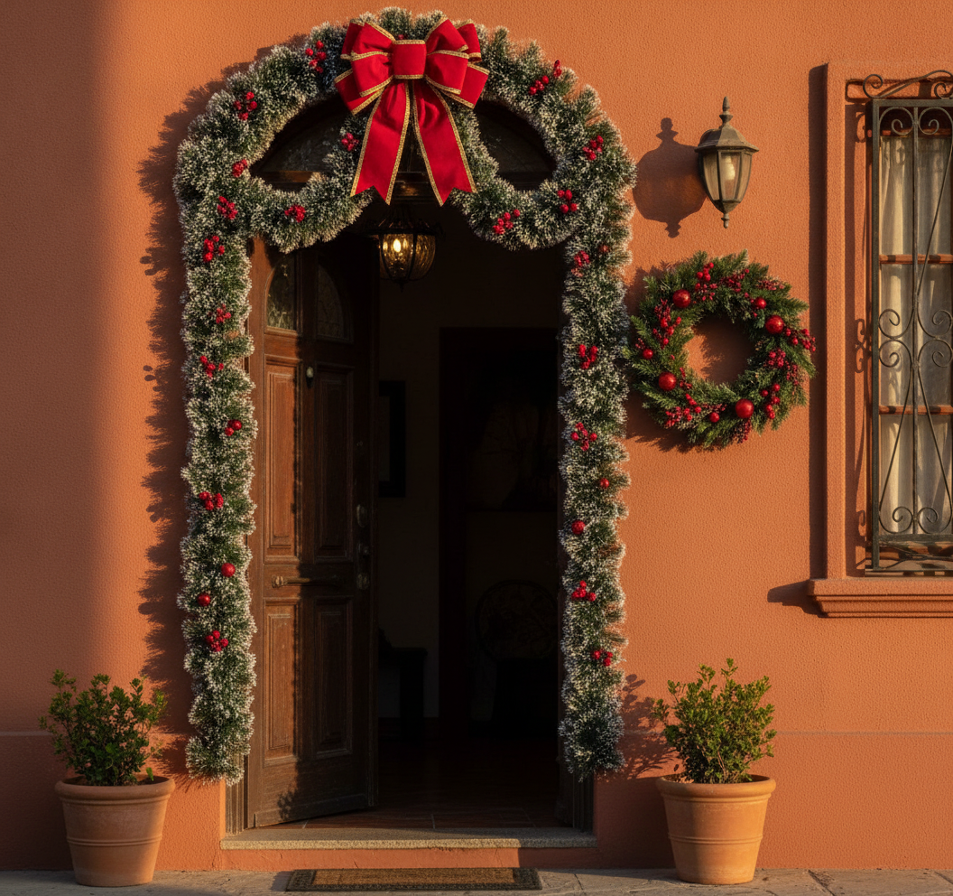 Adorno navideño guirnalda verde nevado puerta entrada hogar festivo