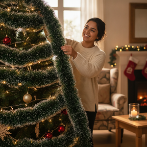 Mujer chilena decorando árbol navidad con guirnalda verde 5 metros