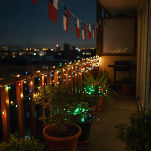 Guirnalda solar exterior terraza chilena multicolor celebración nocturna