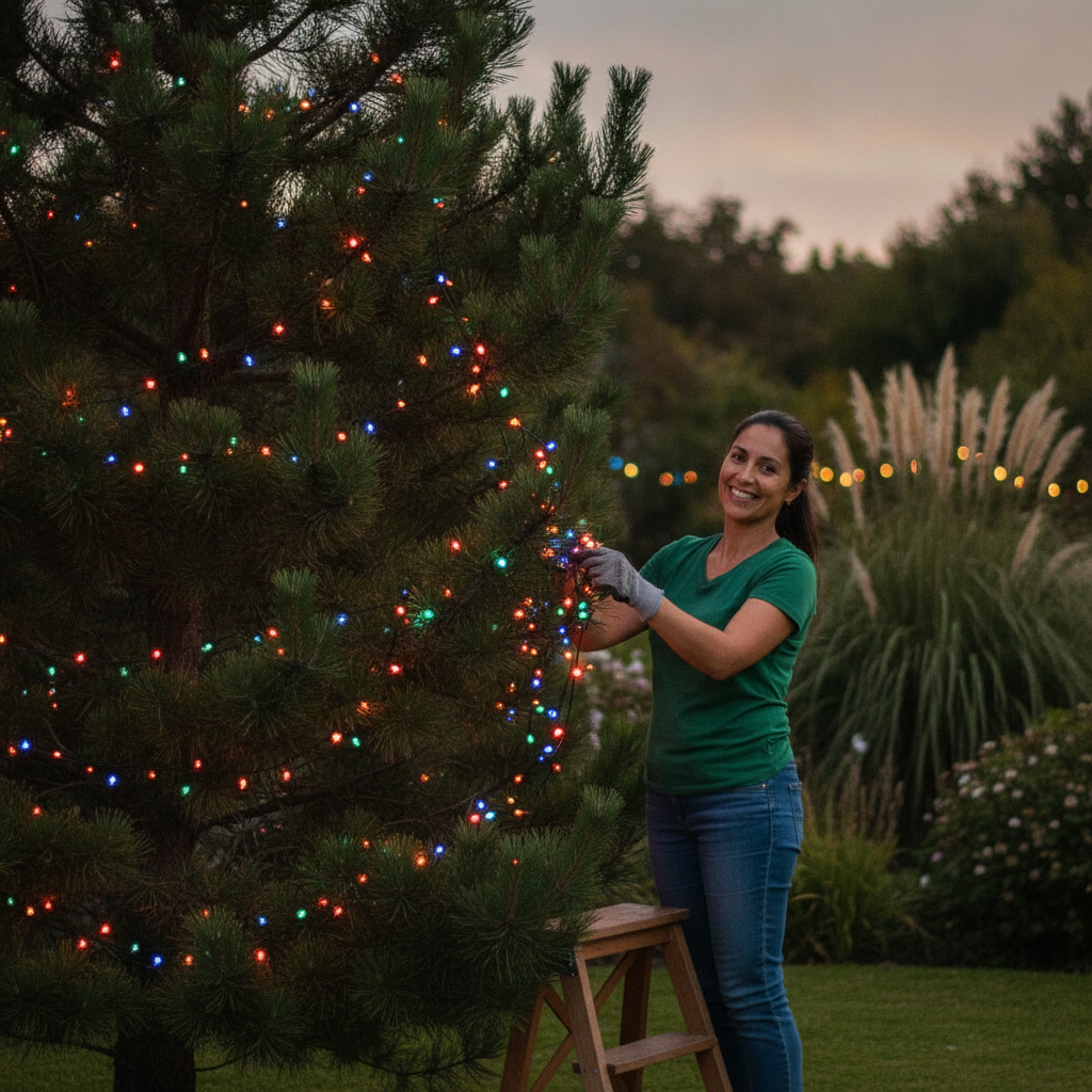 Mujer decorando árbol jardín con guirnalda solar LED multicolor Chile