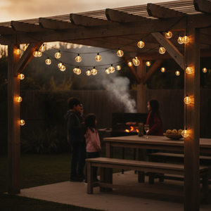 Guirnalda luces bolitas cristal decorando quincho chileno con parrilla al fondo