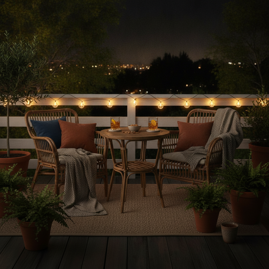 Luces solares LED bolitas colgadas en terraza hogar chileno noche ambiente cálido