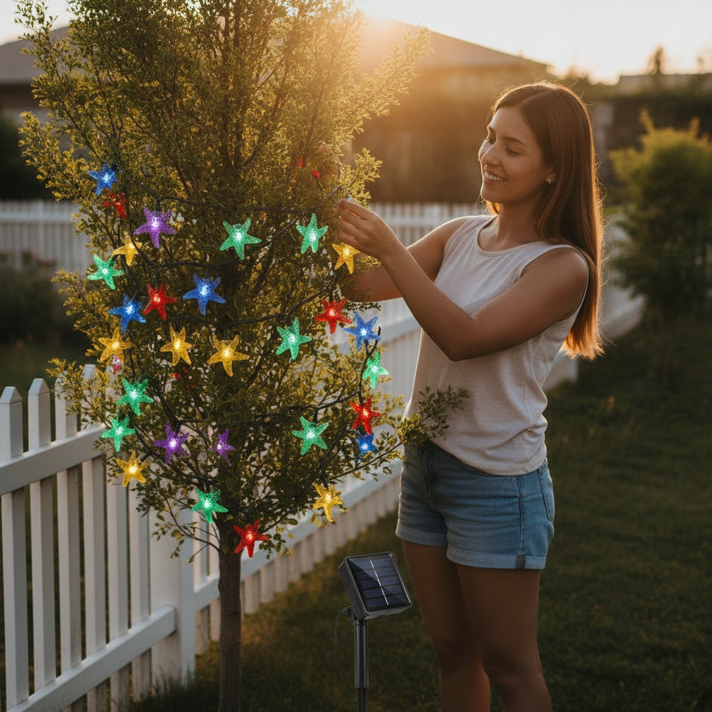 Mujer instalando guirnalda solar estrellas árbol jardín exterior hogar