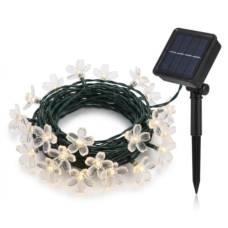 Guirnalda solar 20 luces LED flores jardín 6m luz cálida vista frontal