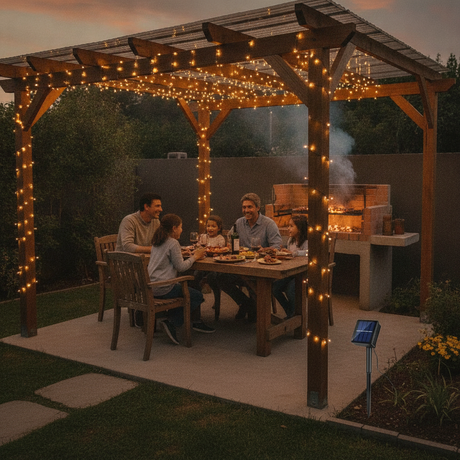 Guirnalda solar exterior decorando quincho chileno luz cálida noche
