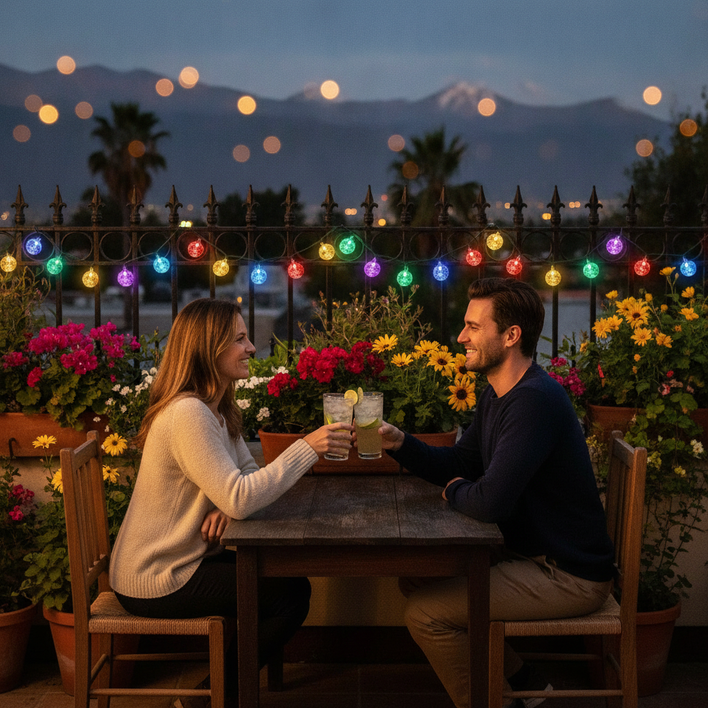 Luces guirnalda solar cristal multicolor en terraza hogar chileno noche festiva pareja