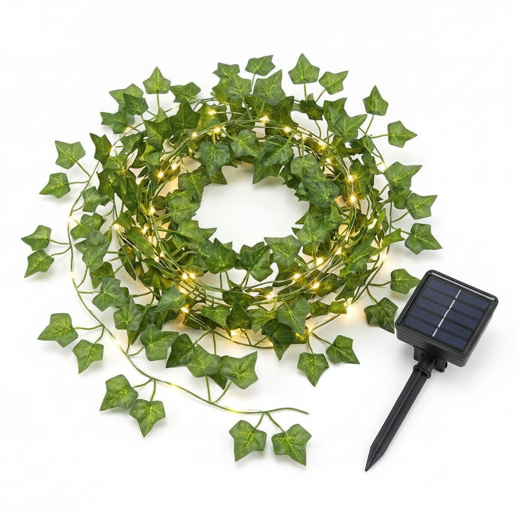 Guirnalda solar hiedra artificial 100 LED luz cálida vista frontal fondo blanco