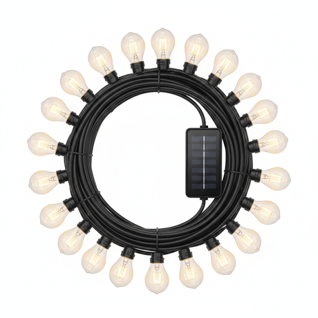 Guirnalda solar LED 20 ampolletas Edison 10m vista frontal fondo blanco