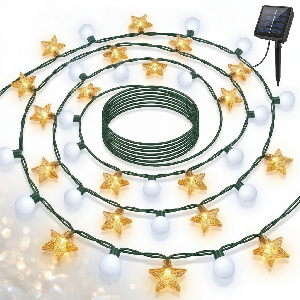 Guirnalda solar 20 LED estrellas esferas bicolor vista frontal fondo blanco
