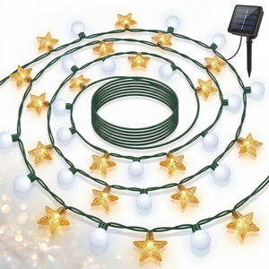 Guirnalda solar 20 LED estrellas esferas bicolor vista frontal fondo blanco