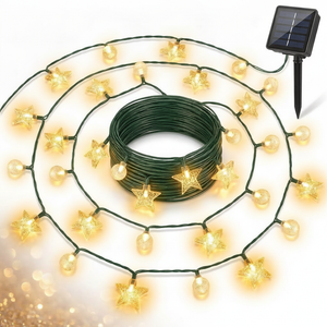 Guirnalda solar 20 LED estrellas esferas luz cálida vista frontal fondo blanco