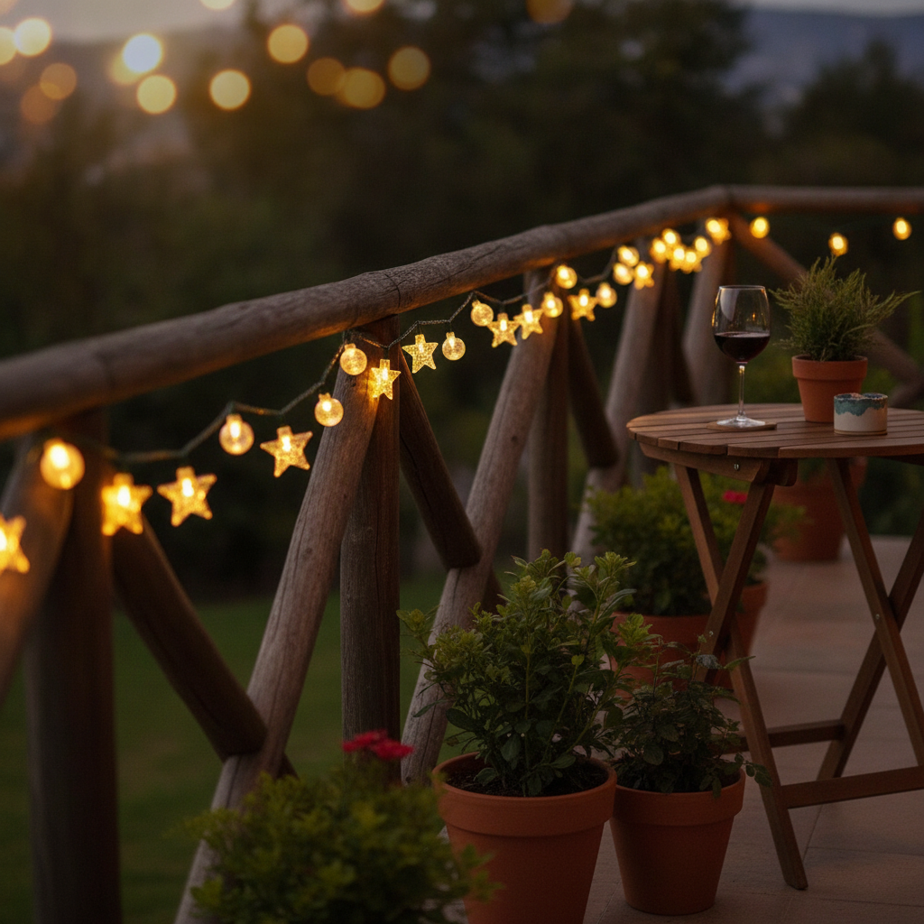 Guirnalda solar estrellas esferas decorando terraza chilena al atardecer