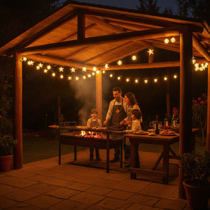 Luces guirnalda solar colgando en quincho parrilla chilena noche festiva