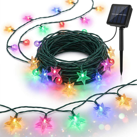 Guirnalda solar luces estrellas multicolor 100 LED cable verde vista frontal
