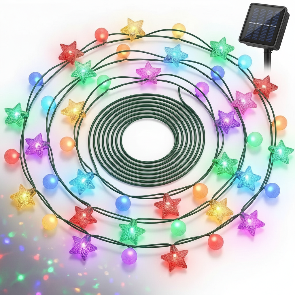 Guirnalda solar LED estrellas esferas RGB 4m vista frontal fondo blanco