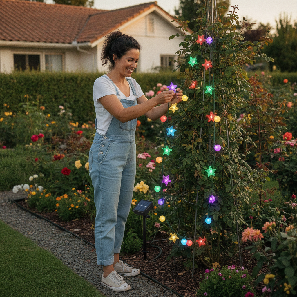 Mujer decorando jardín con guirnalda solar LED multicolor exterior