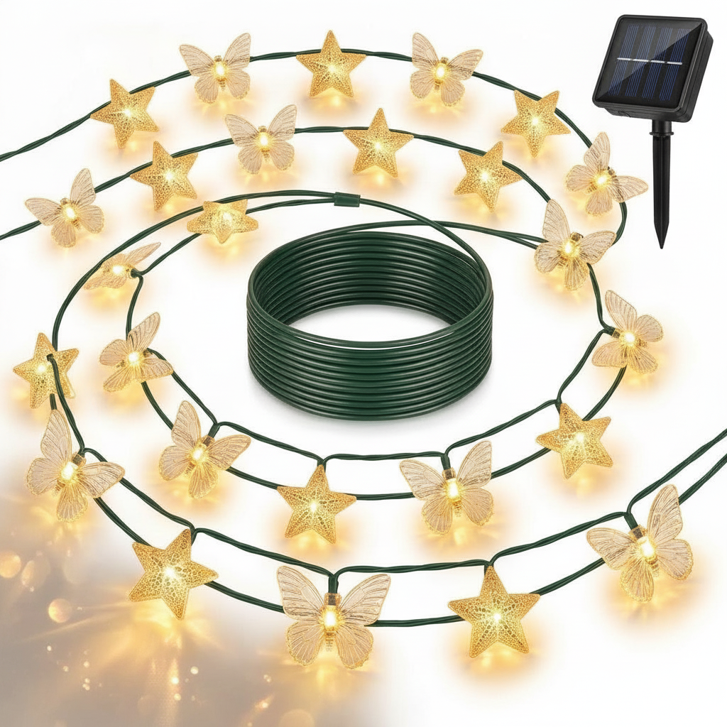 Guirnalda solar LED estrellas mariposas doradas luz cálida vista frontal producto