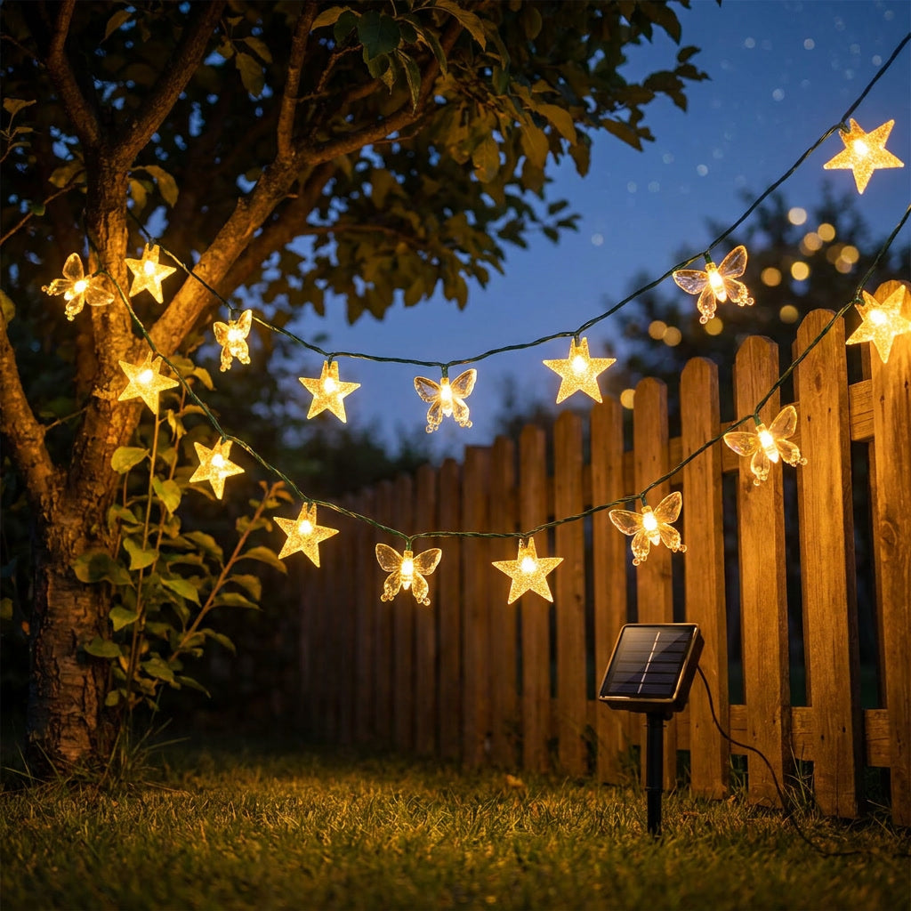 Guirnalda solar luces cálidas decorando terraza chilena exterior noche