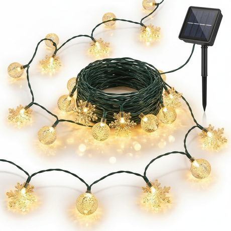 Guirnalda solar 20 LED copos nieve esferas doradas fondo blanco vista frontal