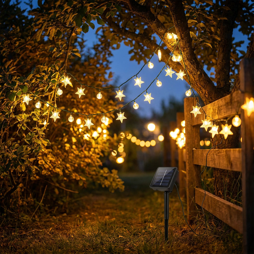 Guirnalda solar luces LED copos nieve colgada en terraza chilena nocturna