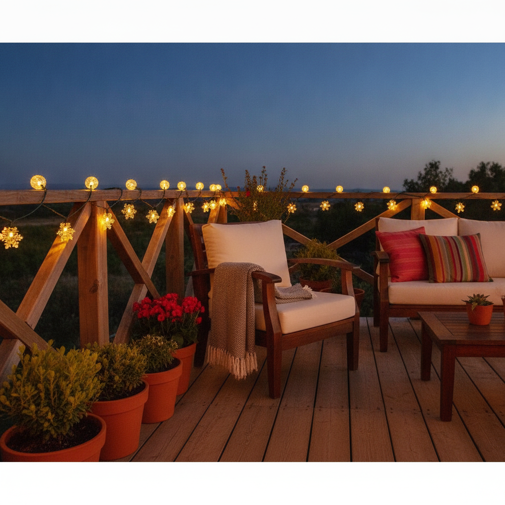 Guirnalda solar luces LED copos nieve colgada en terraza chilena nocturna